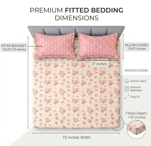 Image of BSB HOME 240 TC Cotton Feel Fitted Bedsheet for Double Bed, All-Round Elastic Deep Pocket, Soft Breathable Wrinkle Resistant & Skin Friendly Bed Sheet, Easy Care, 72 x 72 + 10 Inches - Blossom Pink