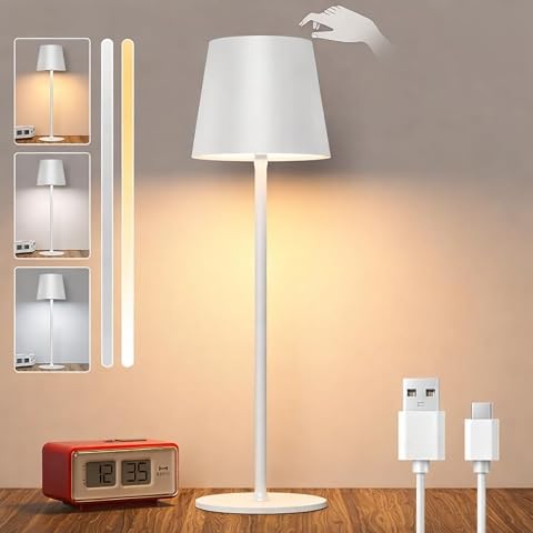 Lámparas LED de Mesita de Noche Color Blanco para Dormitorio sin Cables I Lámpara Táctil de Mesa de Lectura Recargable I 3 Modos de Luz con Brillo y Altura Ajustable.