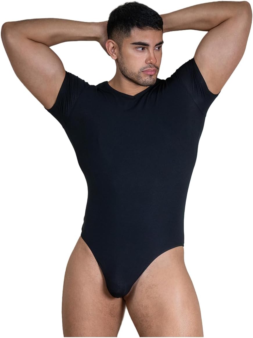 Men's Ribbed Short-sleeve Thong Bodysuit - Lightweight, Stretchy, Men's Underwear