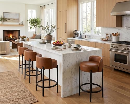 Image of CIMOTA Bar Stools Set of 6, PU Leather Counter Height Barstools with Low Back and Black Thickened Metal Legs, 26 Inch Modern Island Chairs for Kitchen Island, Bar(Brown, 6Pcs 26 inch Counter Stools)