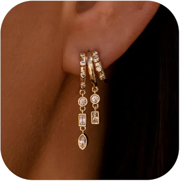 Dangle Earrings For Women, Dainty Gold Drop Statement Earrings 14K Gold Plated Long Huggie Earrings for Women Trendy Hypoallergenic Dangly Earrings Small Triple Hoops Earrings Fashion Jewelry