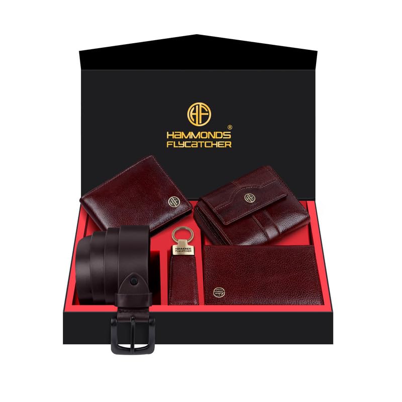 HAMMONDS FLYCATCHER Genuine Leather Premium 5 in 1 Mega Gift Combo Gifts Set for Men & Colleagues - Men's Wallet, Ladies Wallet, Passport Holder, Men's Belt & Keyring - Breeze Brown