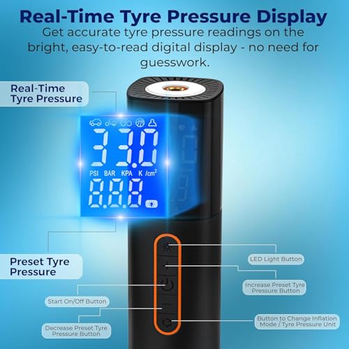 Image of Portable 12V DC Corded Tyre Inflator for Cars, 150 PSI, Fast Inflation, Digital LED Display, 3M Power Cord, Pressure Detection & Auto Shut Off, Emergency LED Light