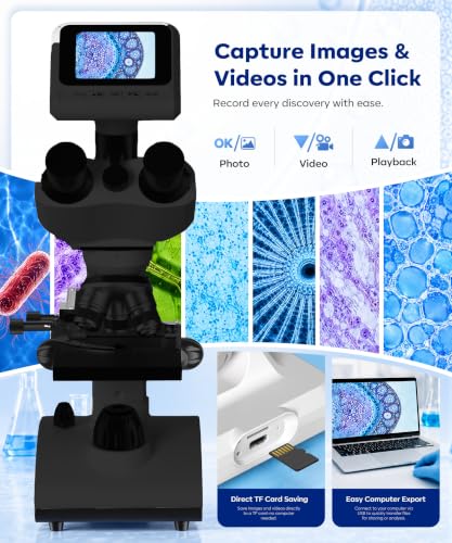 Image of Compound Trinocular Microscope - 40X to 2000X Magnification, High-Resolution Glass Optics, LED Light, Black, Ideal for Lab, School & Home Education with Slides Set