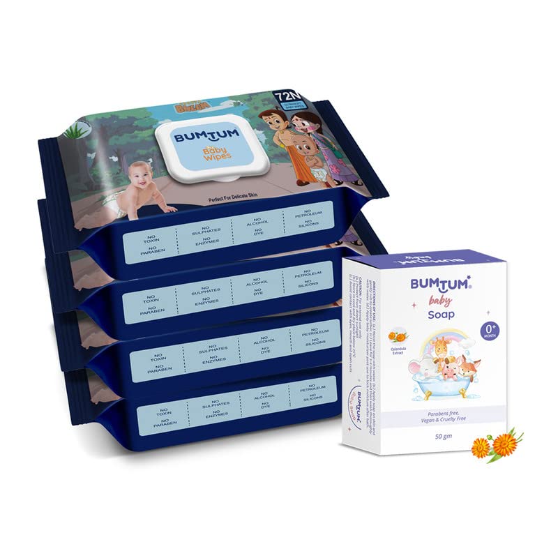 Image of Bumtum Chota Bheem Gentle Soft Moisturizing Wet Wipes With Lid - 288 Pcs.(Pack of 4) & Baby Soap 50 Gram (Pack of 1) Combo