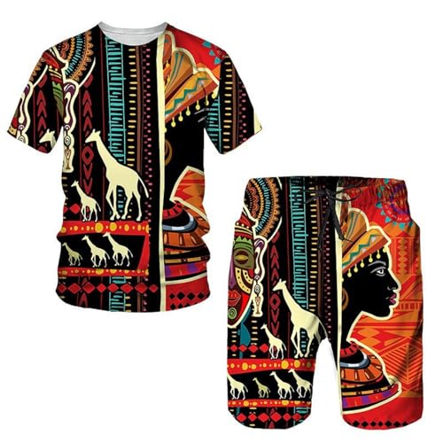 RICOCHO Ensemble Court Kente Africain pour Hommes, Ensemble de Shorts Ethniques Ankara Vintage, Tenue Courte tribale Dashiki d'été