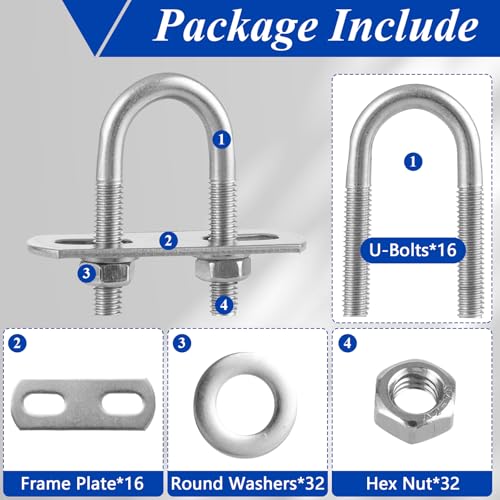 Image of CertBuy 16 Pack U-Bolts 16mm Inner Width 46mm Length Stainless Steel U-Bolts with Washers and Nuts Replacement Parts and Accessories