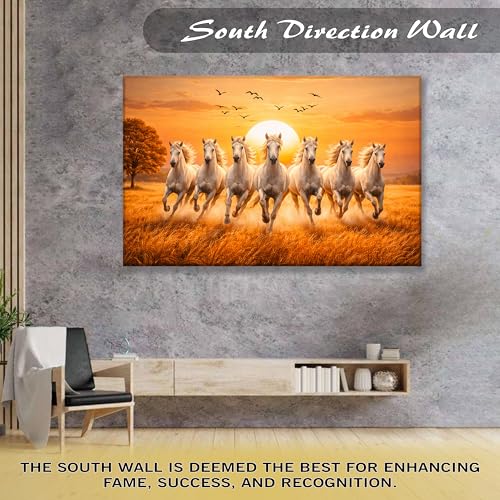 Image of Rousrie Big Size 7 Horses Vastu Frame Wall Art Painting, White Running Horses on Water, Rising Sun Wall Decor, Multicolor (55 cm x 85 cm)