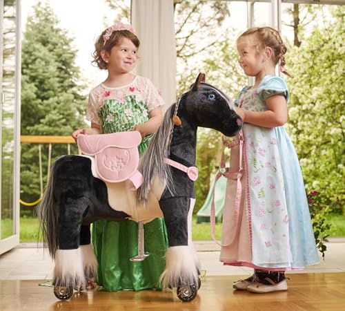 Ponnie Reitpferd mit Rollen Domino S (3-6 Jahre), Spielpferd zum Reiten mit Abnehmbarer Rosa Sattel und Halfter mit Zaumzeugund Kämmbare Mähne und Schwanz, Plüschpferd zum Reiten für Kinder