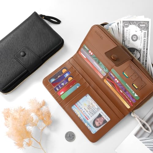 TiMOVO Leather Wallet for Women with RFID Blocking, Holds 12 Cards, Wrist Strap, Large Capacity Travel Purse, Beige + Brown3