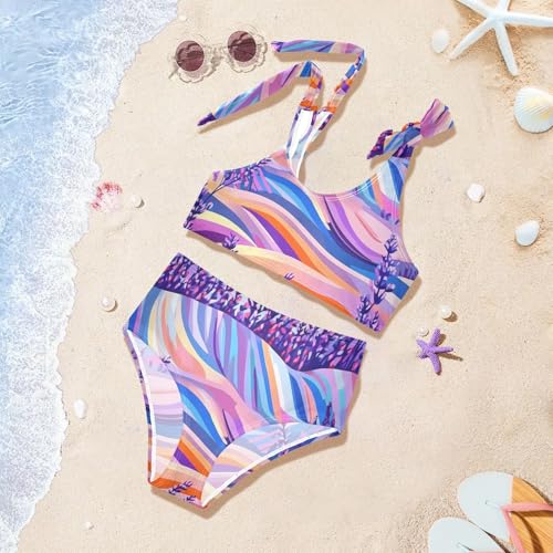 Lavender Field Girls 2 Pieces Kids Bikini Set Scoop Neck Swimsuits Swimming Suits Adjustable Shoulder Strap 5