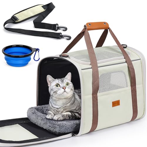 Morpilot Pet Carrier for Large Cats, Puppies & Small Dogs Up to 25lbs | Escape-Proof with Locking Zippers, Dual-Sided Cushion, Safety Buckle for Car & Vet Travel, Includes Foldable Bowl (Bei