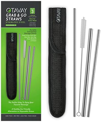 Otavay Grab & Go Straws - Reusable Stainless Steel Metal Straws, Case & Brush