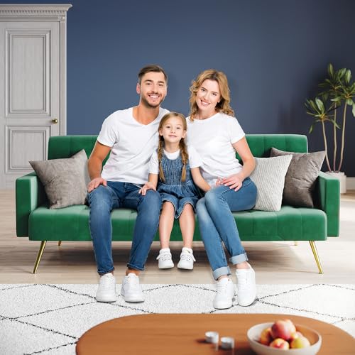 ZANOFIRA 3 Seater Click Clack Sofa, Green Luxury Velvet Mid Century Modern Couches w/Square Armrest Comfy Small Sofas for Living Room, Bedroom, Apartment, Home Office - Image 3