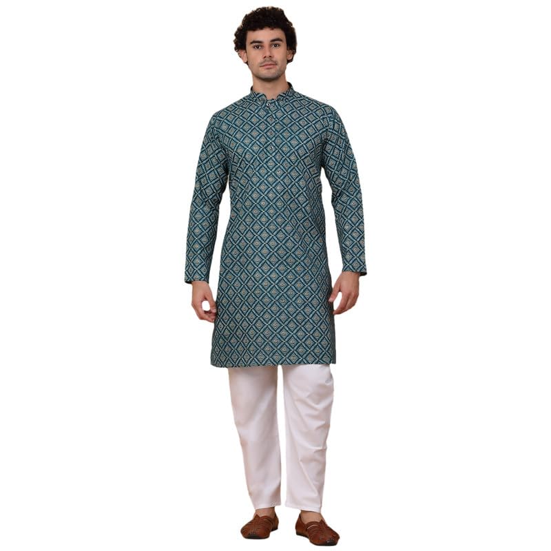 kraft india Men Cotton Floral Gold Print Ethnic motif Green Knee Length Kurta With White Elastic Waistband Pyjama Set (Size- X-Large)-picture-34
