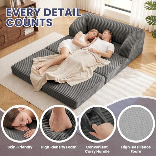 Image of JUIKURY Convertible Sofa Bed, 3-in-1 Foldable Loveseat Couch with Armrest, Corduroy Floor Sofa & Sleeper Bed, No Assembly High-Density Foam Futon Mattress for Living Room, Small Apartment, Dorm
