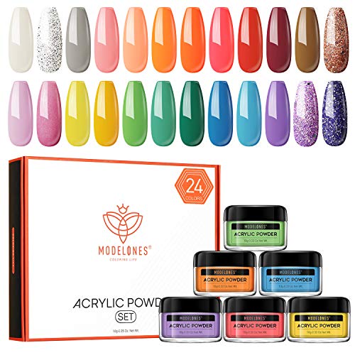Modelones 24 Pcs Candy Cane Acrylic Powder Set,24 Colors Professional Polymer Colorful Set No Nail Lamp Needed
