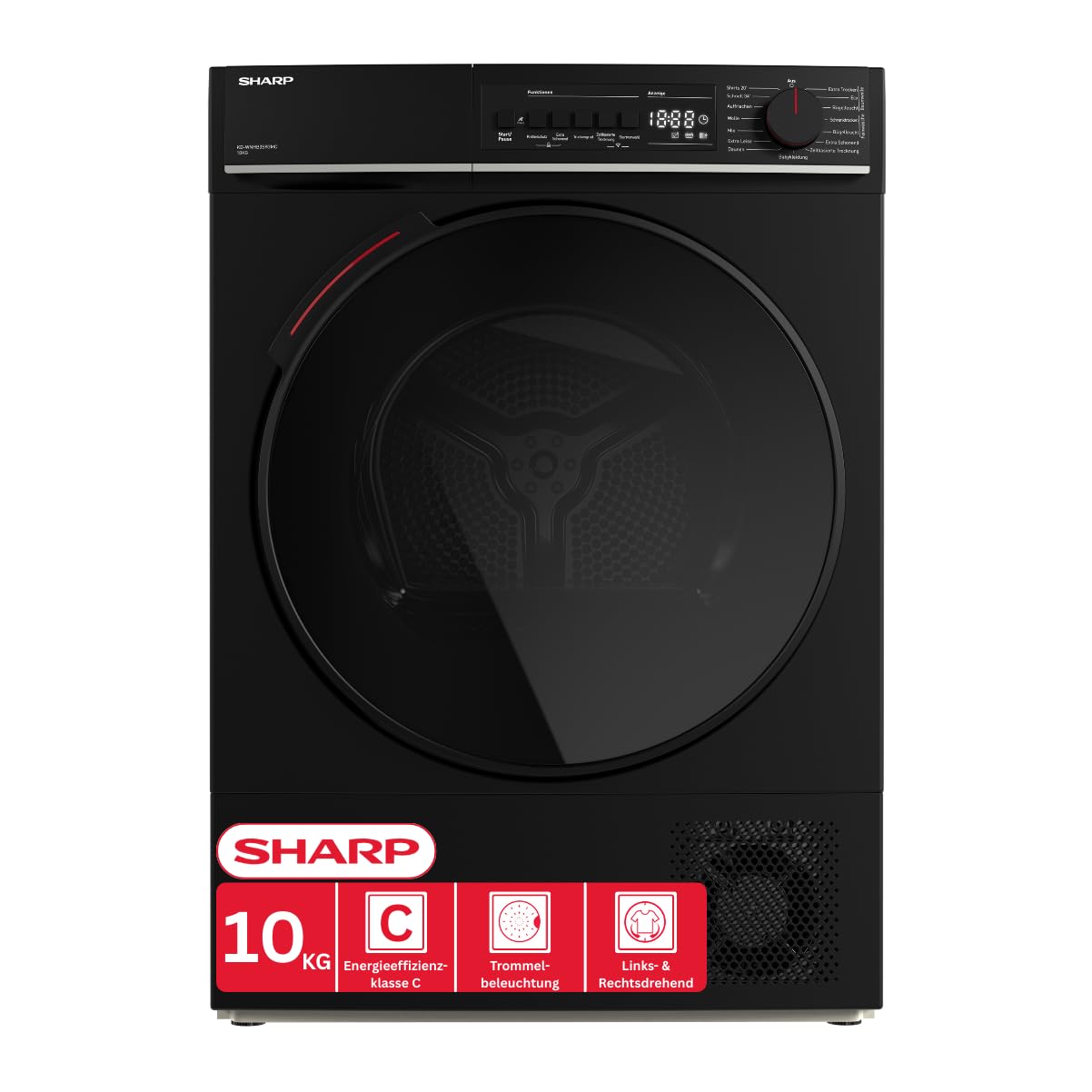 SHARP KD-WNHB0S9GMC-DE Wärmepumpentrockner (10 kg, EEK C), (15 Trockenprogramme, 20 Min. Kurzprogramm, WiFi, Edelstahltrommel mit LED-Beleuchtung), Mattschwarz