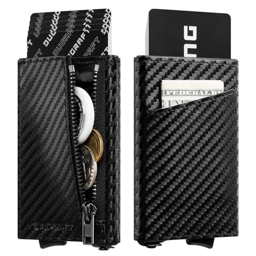DUGRAFT Slim Card Wallet with Zippered Coin Pocket, Inner Aluminum Pop-Up Card Holder RFID Blocking for 1-6 Cards, Gift Packed for Men, Carbon Fiber