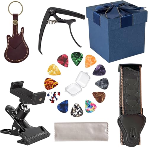 ATYOUK Guitar Accessories Kit gifts,Guitar Capo,Strap,Picks,Guitar pick holder bag,picks box,Phone Clip,Accessories for Acoustic,Bass, Electric & Ukulele
