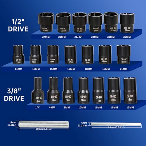 Image of 22pcs Bolt Nut Extractor Set Impact Lug Nut Removal Extractor Tool | 1 /2 inch and 3 /8 inch Drive Wheel Lock Removal Kit for Extracting Damaged, Stripped Frozen Nuts & Screws Twist Socket Set