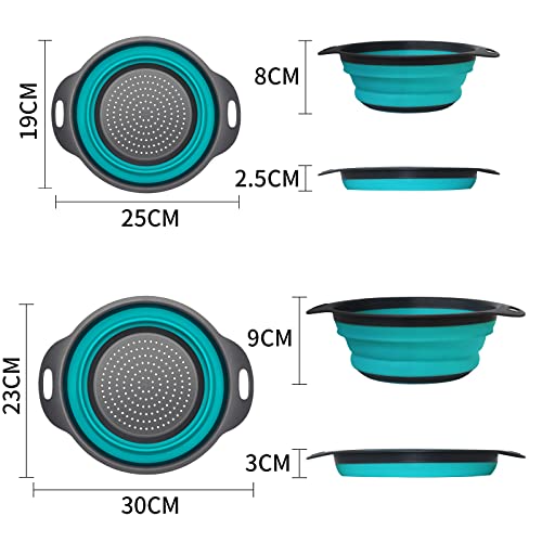 Foto von 2 Stück Sieb Seiher Set, Faltbares Sieb Küche Silikon Nudelsieb Abtropfsieb mit Griff, Platzsparend Silikon Sieb Seiher für Draussen Camping Küche, Einschließlich 2 Größe Blau 30 CM und 25 CM
