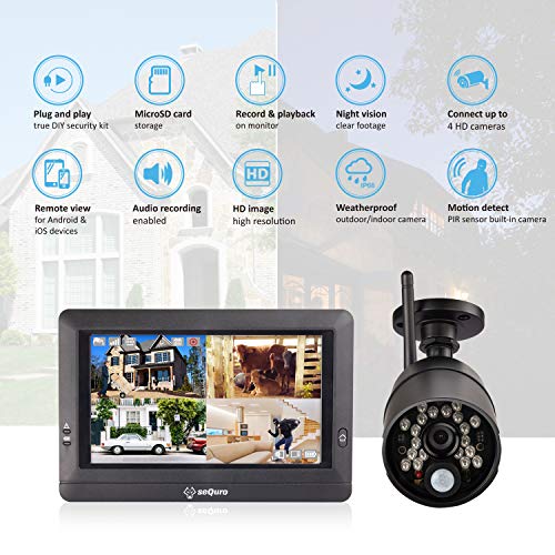 sequro-GuardPro-Wireless-Surveillance-Security-Camera-System-Monitor-Weatherproof-Outdoor-Night-Vision-HD-AC-Powered-Camera-and-Home-Surveillance-4CH-Monitor-DVR-Kit-with-Smartphone-Access-2-cam-Kit