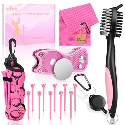 15PCS Golf Accessories Kit - Include Golf Club Cleaner Brush with Groove Cleaner Tool, Golf Ball Bag, Divot Tool with Magnetic Ball Marker, Towel, Golf Tees, Golf Gift for Men/Women (Hot Pink)