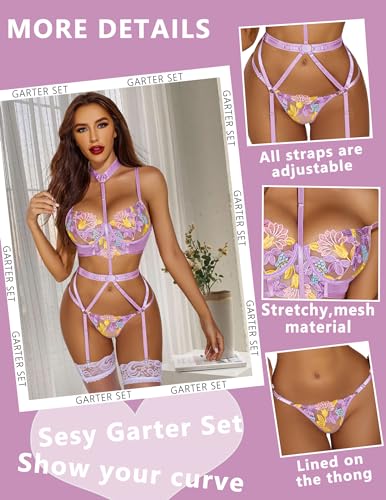 Image of Avidlove Garter Lingerie Sets for Women Sexy with Removable Choker Floral Embroidered Underwire Lingerie (No Stockings)