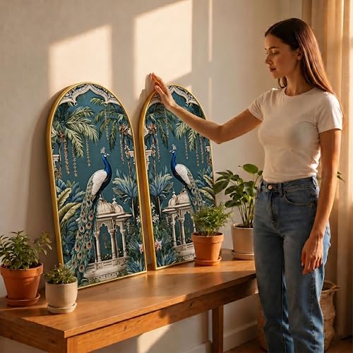 Image of Livin'luxe Set of 2 Peacock Wall Painting for Living Room, Tropical Palace Modern Artwork, PVC Golden Frame, Arch Shape Wall Decor for Bedroom, Hall, Office & Gift (30 x 32 Inch) RPNL-02-116