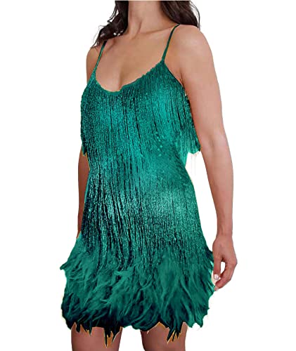 Image of xxxiticat Women's Sequin Flapper Dress Sleeveless Feather Hem Fur Fringe Tassel Splice Glitter Sparkly Shiny Mini Dress
