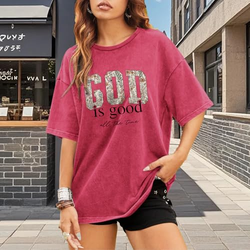 Image of Christian God is Good Shirts for Women Jesus Faith Religious T Shirts Floral Graphic Oversized Acid Washed Tee Tops