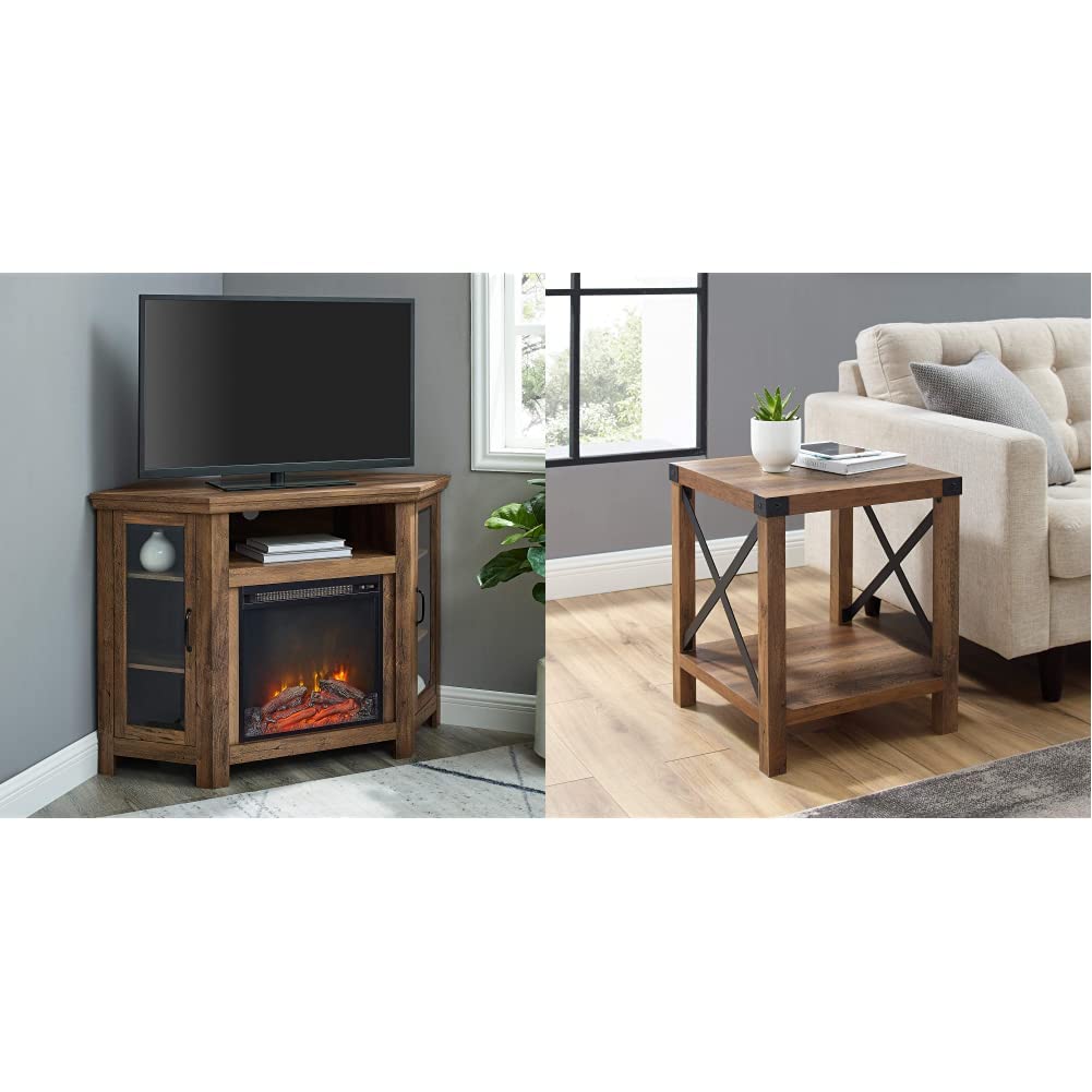 Walker Edison Alcott Classic Glass Door Fireplace Corner TV Stand for
