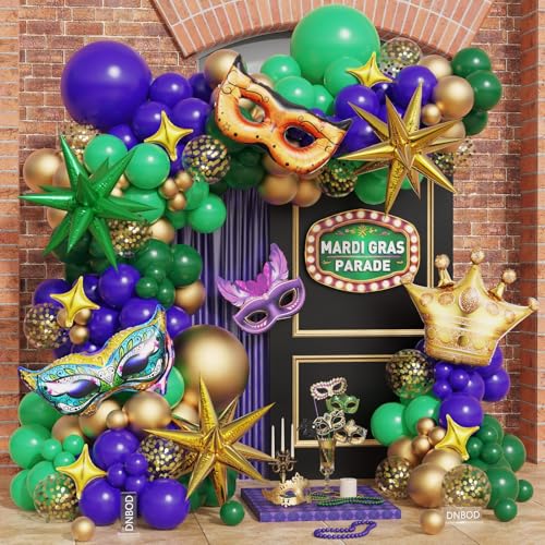 Mardi Gras Balloon Arch Kit 149Pcs Purple Green Gold Balloon Garland with Confetti Mardi Mask Explosion Star Foil Balloons for New Orleans Masquerade Birthday Carnival Fat Tuesday Party Decorations