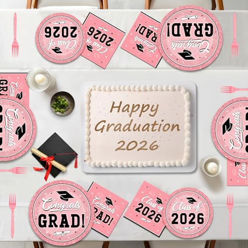 Image of QZYL 200Pcs Pink Graduation Supplies Set, Grad Plates, Napkins, Dessert Plates and Plastic Forks for 50 Guests, Disposable Graduation Party Supplies, Grad tableware for 2026 School Ceremony