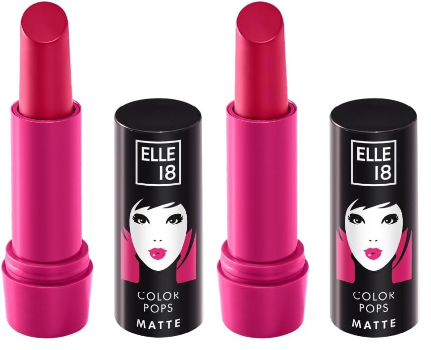 Image of Elle 18 Color Pops Matte Lipstick, Deep Pink, Moisturising Bullet Matte, with Vitamin E, Highly Pigmented, Infused with Jojoba Oil and Shea Butter | 4.3 g (Pack of 2)