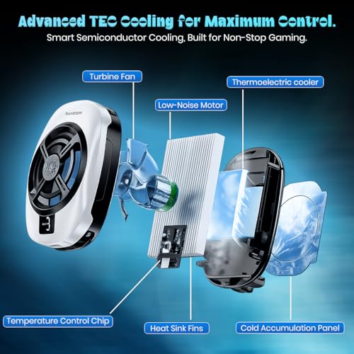 Image of GameSir Phone Cooler for Gaming, Semiconductor Cooling Chip, 5000 RPM 7-Blade Fan, 3-Level Cooling, RGB Light, Type-C Powered, LED Display, Clamp Mount Mobile Cooling Fan for Android & IOS-(White)