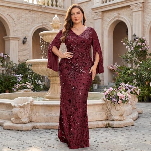 Image of Plus Size Formal Dresses for Women with Embroidery Sequin and Cape Sleeve, V-Neck Maxi Dress for Wedding and Party