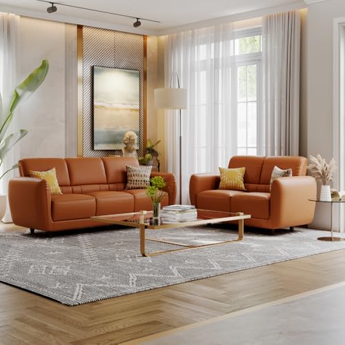 Image of Wakefit Sofa Set | 5 Year Warranty | Sofa 5 Seater, 5 Seater Sofa for Living Room, Wooden Sofa Set 3+2 Seater - Solomon(Robin : Tan)