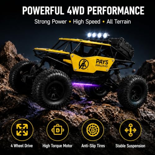 Image of Remote Control 4x4 Rock Crawler Car for Kids | 2.4GHz Remote Control Rechargeable Off Road RC Monster Truck with Mist Spray, LED Lights, All Terrain Tires | Gift for Boys & Girls