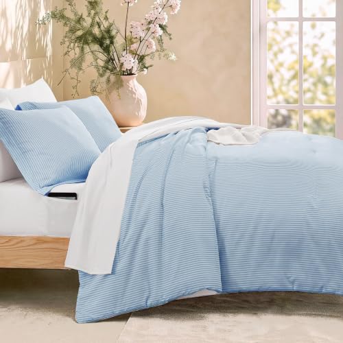 Image of Monbix King Size Comforter Set-7 Pieces Soft Bed in a Bag King Bedding Set | Blue Vertical Ticking Stripe Lightweight All Season Comforter with Sheets, Pillowcases & Shams