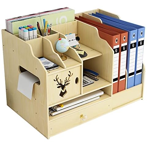 Catekro Wooden Desk Organiser, High Capacity Pen Holder, Notes and Pens Organisation, Drawer, Organiser System Office for School, Home, Office (White) Cover