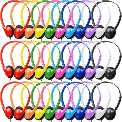 MKDTNJT Paquete de 100 auriculares a granel para niños, escuela, aula, juego de auriculares para estudiantes, adolescentes, niños, niñas y adultos (HTC002, multicolor)