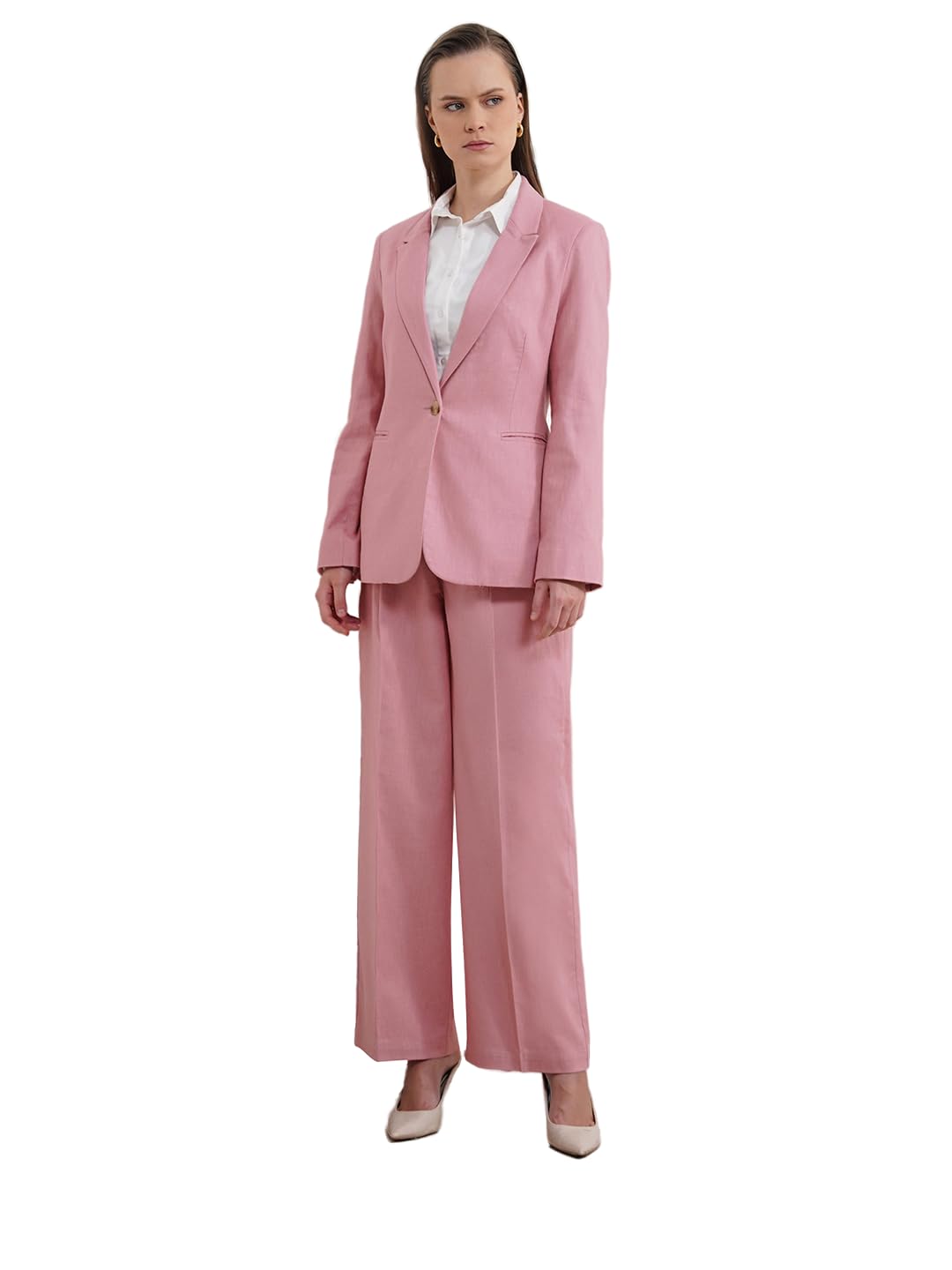 fablestreet Women Formal Co-ord Set | Tailored Fit Notched Lapel Full Sleeve Single-Breasted Blazer & Wide-Leg Trousers | Cotton Linen Fabric for Office & Business Casual Wear-picture-27