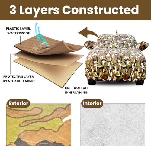 Image of Waterproof Car Body Cover for Renault Triber with Mirror Pocket, Soft Cotton Lining, Triple Stitched, Full Bottom Elastic (Heat Resistant Jungle Print with Red Piping)