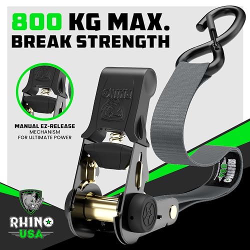 Rhino USA Ratchet Straps Tie Downs (4-Pack) - 1 Inch x 15 Feet (1,823lb Break Strength) - Ultimate Tie Down Straps with Safety S Hooks - for Trucks, Cargo, Moving, Appliances - Black