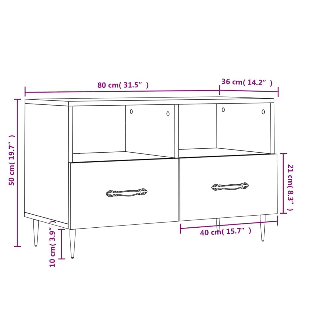 Mobile TV grigio cemento in legno con gambe in ferro, 80 x 36 x 50 cm, mobile basso con vano portaoggetti, cassetti e ripiano, mobile moderno per soggiorno, per gaming, home theater e