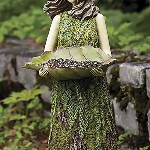 Gecoku 2 In 1 Tree Stump Shaped Maiden Statue Bird Feeder Sherwood Fern Fairy Statuary Leaf-Shaped Birdseed Holder Plystone Hand Craft Weatherproof Sculpture 3.9 X 11.8 Inch #TOP2
