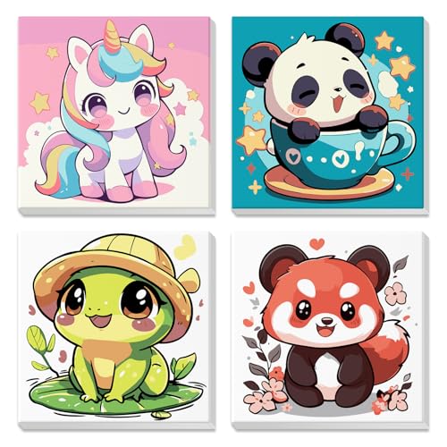 4 Pack Pintar por Numeros Niños Adultos con Marco, Unicornio de dibujos animados, panda, DIY Cuadros para Pintar por Números, Animales kawaii, Pintura Acrilica Cuadro Artesanías de Arte, 20x20cm ✅