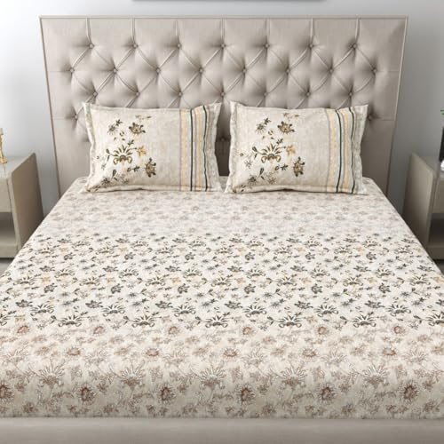 Image of Mafatlal 186 TC Spring Glory Cotton Bedsheet for King Size Bed | 108 x 108 Inches | Summer Lightweight chador for Breathable Sleep | Bedding Set with 2 Pillow Covers | Beige